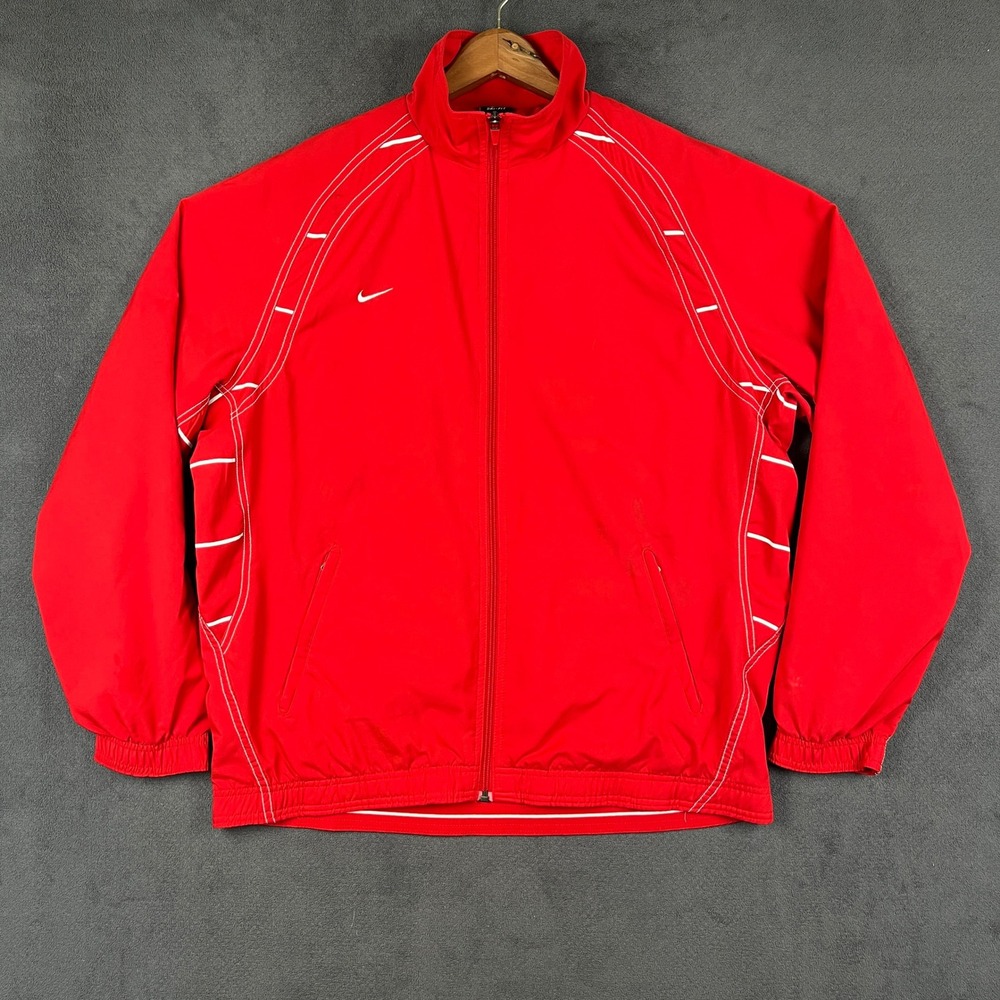 Nike Track Jacket Mens Large Red Dri-Fit Full Zip Mesh Lined Windbreaker
